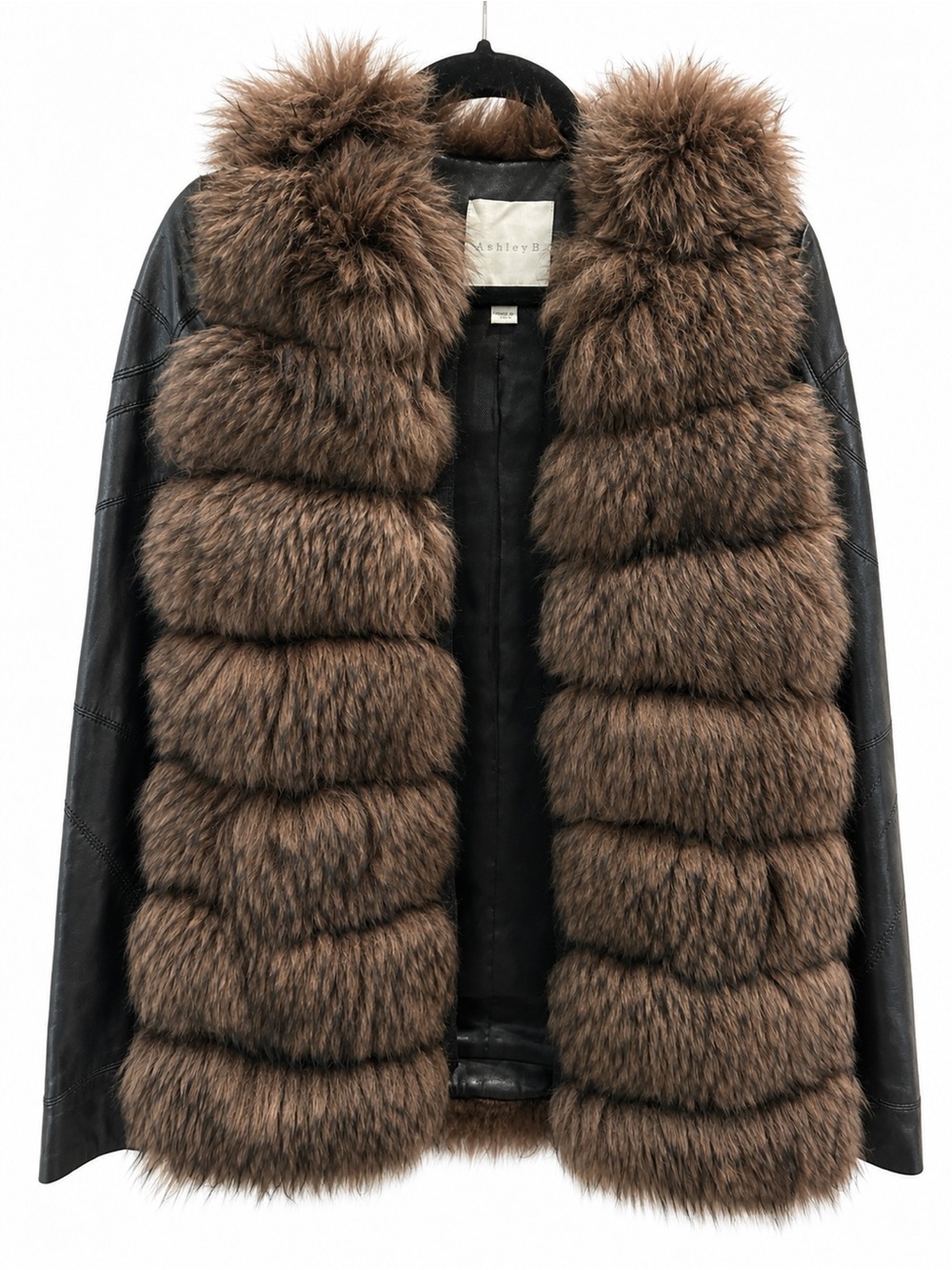 Plush Brown Faux Fur Front Leather-Sleeve Jacket
